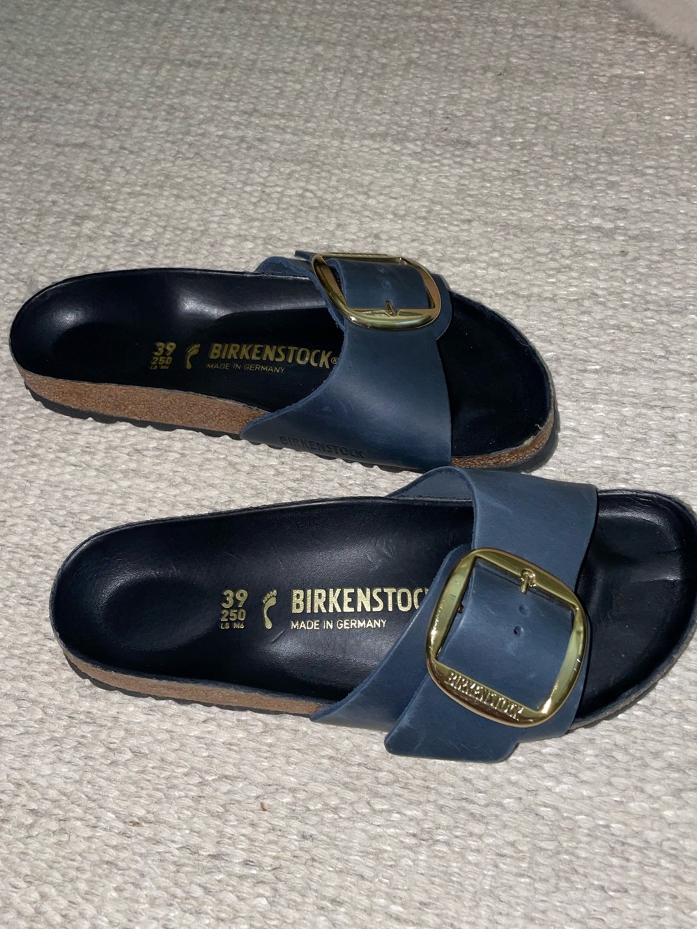 Birkenstock Single Buckle Slide Sandal - Navy with Gold Buckle - Picture 3 of 6